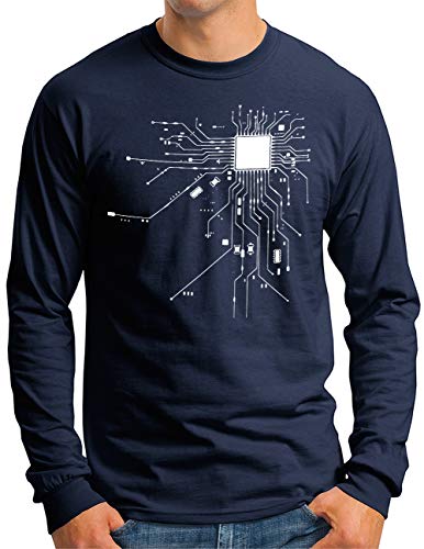 OM3® Computer-Chip-Heart Langarm Shirt | Herren | Geek CPU Nerd IT Admin Coder | Navy, M von OM3