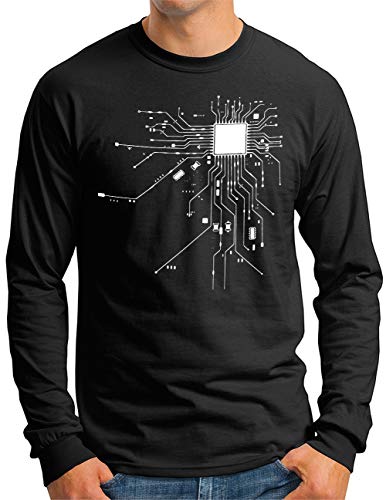 OM3® Computer-Chip-Heart Langarm Shirt - Herren - Geek CPU Nerd IT Admin Coder - Schwarz, XXL von OM3