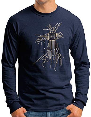 OM3® Computer-Chip-Heart Langarm Shirt - Herren - Geek CPU Nerd IT Admin Gamer - Navy, L von OM3