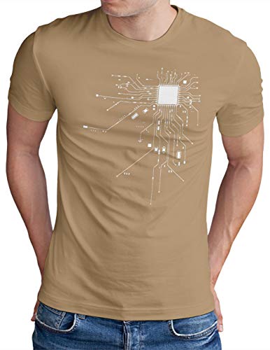 OM3® Computer-Chip-Heart T-Shirt | Herren | Geek CPU Nerd IT Admin Coder | Khaki, L von OM3