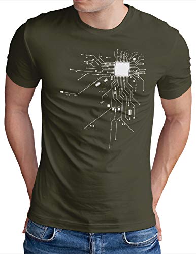 OM3® Computer-Chip-Heart T-Shirt - Herren - Geek CPU Nerd IT Admin Coder - Oliv, XL von OM3