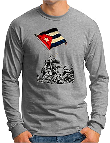 OM3® Cuba Revolution Langarm Shirt | Herren | Che Guevara Kuba Fidel Castro Viva La Revolucion | Grau Meliert, XL von OM3