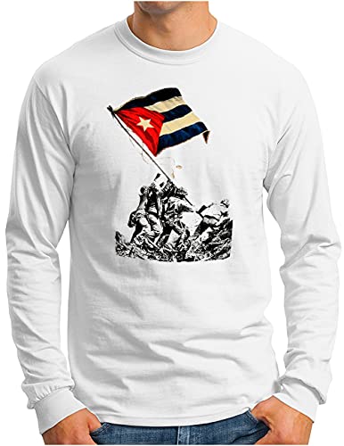 OM3® Cuba Revolution Langarm Shirt - Herren - Che Guevara Kuba Fidel Castro Viva La Revolucion - Weiß, 4XL von OM3