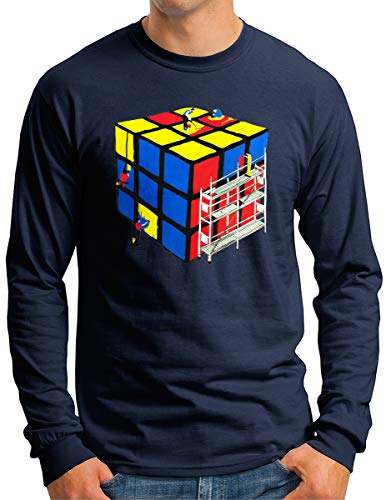 OM3® Cube Solution Langarm Shirt | Herren | Fun 80er Kult Spiel Game Nerd Parody Paint | Navy, M von OM3