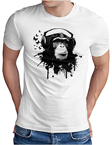 OM3® DJ-Ape T-Shirt | Herren | Deejay Monkey Turntables Headphones Music Chimpanzee | Weiß, L von OM3