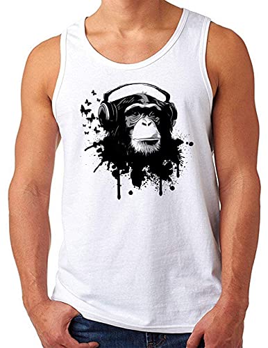 OM3® DJ-Ape Tank Top Shirt | Herren | Deejay Monkey Turntables Headphones Music Chimpanzee | Weiß, 3XL von OM3