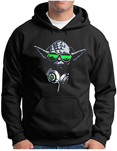 OM3® DJ-YODA Hoodie | Herren | Deejay Headphones Party Club Music (Green) | Kapuzen-Pullover Schwarz, 3XL von OM3