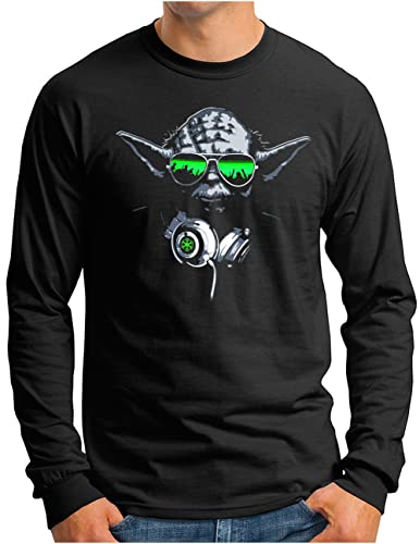 OM3® DJ-YODA Langarm Shirt | Herren | Deejay Headphones Party Club Music Beat Turntables | Schwarz, L von OM3