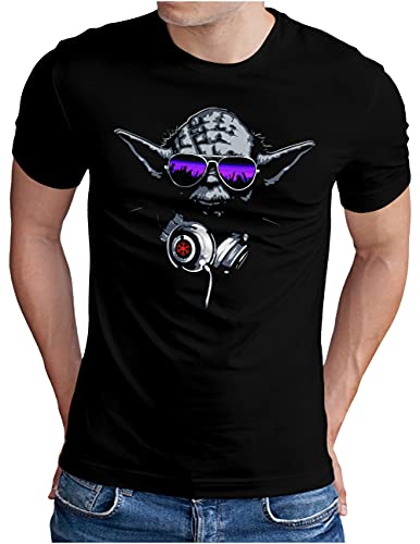 OM3® DJ-YODA T-Shirt | Herren | Deejay Headphones Party Club Music Turntables | Schwarz, 4XL von OM3