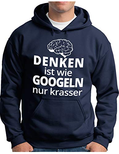 OM3® - Denken ist wie Googeln nur krasser Hoodie - Herren - Fun lustiger Spruch - Kapuzen-Pullover Navy, M von OM3