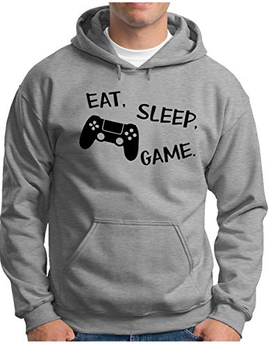 OM3® - Eat Sleep Game - Hoodie - Herren - Video Gamer Zocker - Kapuzen-Pullover Grau Meliert, S von OM3