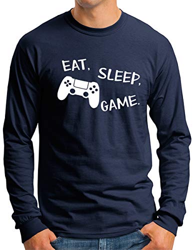 OM3® - Eat Sleep Game - Langarm Shirt - Herren - Video Gamer Zocker - Navy, S von OM3