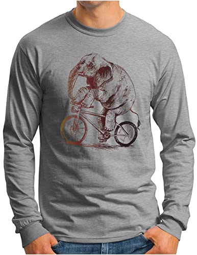 OM3® Elefant auf Fahrrad Langarm Shirt | Herren | lustiges Tier Motiv Bike Bicycle Biking | Grau Meliert, S von OM3