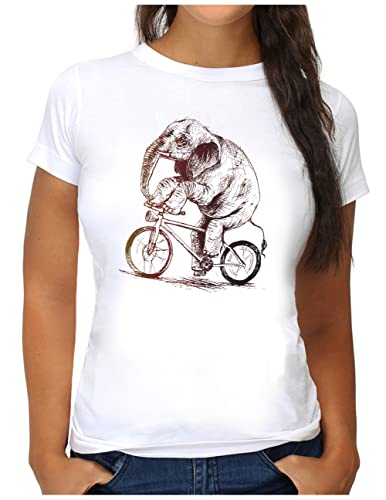 OM3® Elefant auf Fahrrad T-Shirt | Damen | lustiges Tier Motiv Bike Bicycle Biking | L, Weiß von OM3