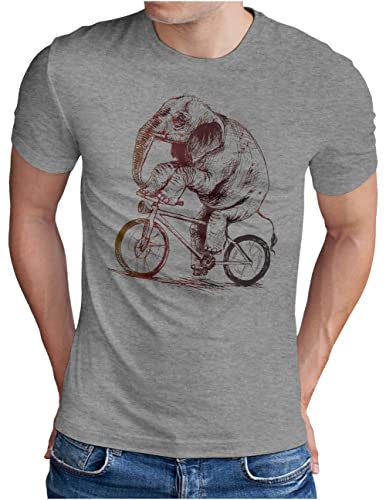 OM3® Elefant auf Fahrrad T-Shirt | Herren | lustiges Tier Motiv Bike Bicycle Biking | Grau Meliert, 4XL von OM3