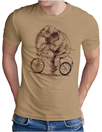 OM3® Elefant auf Fahrrad T-Shirt | Herren | lustiges Tier Motiv Bike Bicycle Biking | Khaki, M von OM3