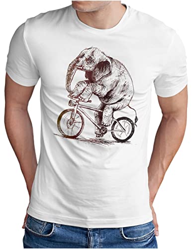 OM3® Elefant auf Fahrrad T-Shirt | Herren | lustiges Tier Motiv Bike Bicycle Biking | Weiß, L von OM3