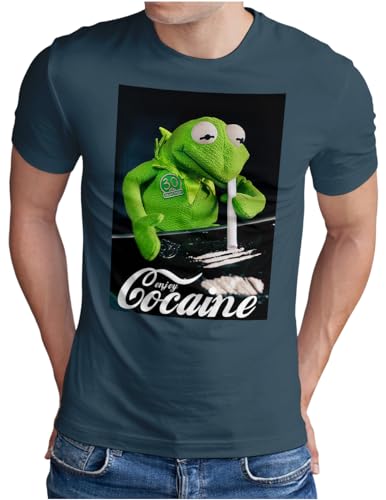 OM3® Enjoy-Cocaine-Frog T-Shirt | Herren | Kokain Kult Logo Drug Fun Graphic Shirt | Denim, L von OM3