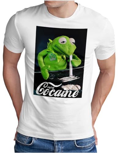 OM3® Enjoy-Cocaine-Frog T-Shirt | Herren | Kokain Kult Logo Drug Fun Graphic Shirt | Weiß, 5XL von OM3