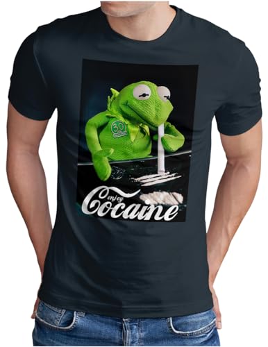 OM3® Enjoy-Cocaine-Frog T-Shirt | Herren | Kokain Kult Logo Drug Fun Graphic Shirt | Navy, L von OM3