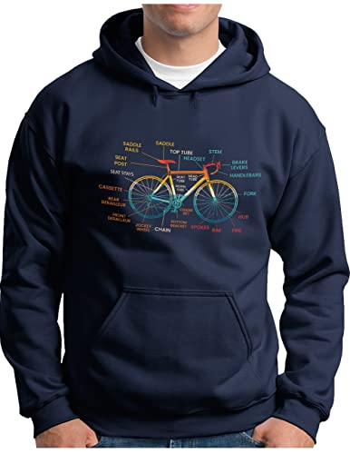 OM3® Fahrrad Hoodie mit Teile Bezeichnungen | Herren | Bicycle Rennrad Bike Parts Radsport | Kapuzen-Pullover Navy, XXL von OM3