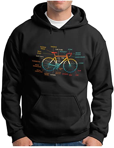 OM3® Fahrrad Hoodie mit Teile Bezeichnungen - Herren - Bicycle Rennrad Bike Parts Radsport - Kapuzen-Pullover Schwarz, M von OM3