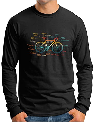 OM3® Fahrrad Langarm Shirt mit Teile Bezeichnungen | Herren | Bicycle Rennrad Bike Parts Radsport | Schwarz, M von OM3