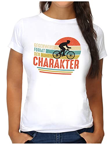 OM3® Fahrrad T-Shirt mit Spruch - Damen - Bicycle Biking - Gegenwind formt den Charakter - M, Weiß von OM3