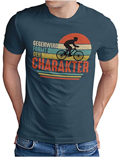 OM3® Fahrrad T-Shirt mit Spruch | Herren | Bicycle Biking - Gegenwind formt den Charakter | Denim, L von OM3