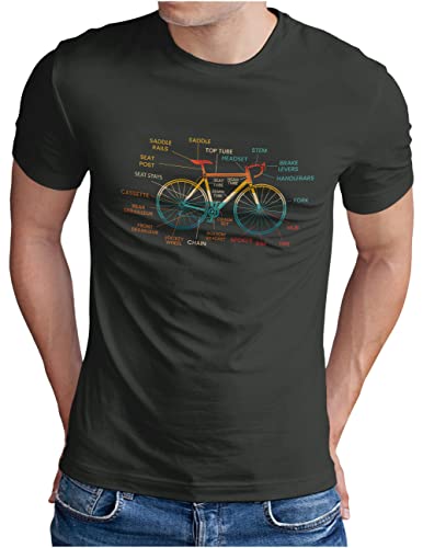 OM3® Fahrrad T-Shirt mit Teile Bezeichnungen | Herren | Bicycle Rennrad Bike Parts Radsport | Dark Grey, L von OM3