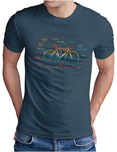 OM3® Fahrrad T-Shirt mit Teile Bezeichnungen | Herren | Bicycle Rennrad Bike Parts Radsport | Denim, M von OM3