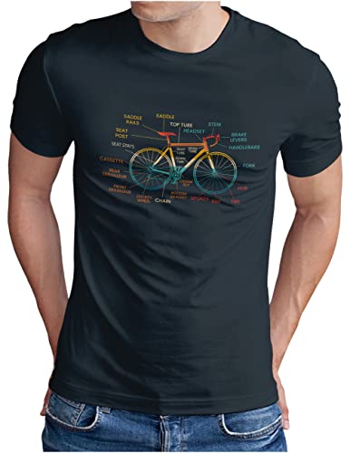 OM3® Fahrrad T-Shirt mit Teile Bezeichnungen | Herren | Bicycle Rennrad Bike Parts Radsport | Navy, M von OM3