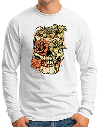 OM3® Flower-Skull Langarm Shirt | Herren | Floral Head Totenkopf | Weiß, L von OM3
