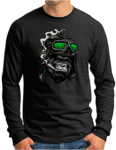 OM3® Gorilla Pilot Langarm Shirt | Herren | Smoking Monkey Ape Lederhaube | Schwarz-Grün, XL von OM3