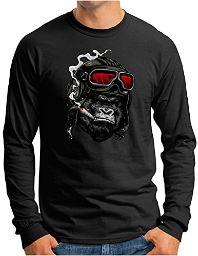 OM3® Gorilla Pilot Langarm Shirt | Herren | Smoking Monkey Ape Lederhaube | Schwarz-Rot, M von OM3