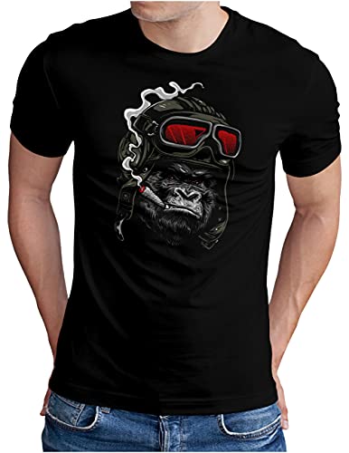 OM3® Gorilla Pilot T-Shirt | Herren | Smoking Monkey Ape Lederhaube | Schwarz-Rot, 3XL von OM3