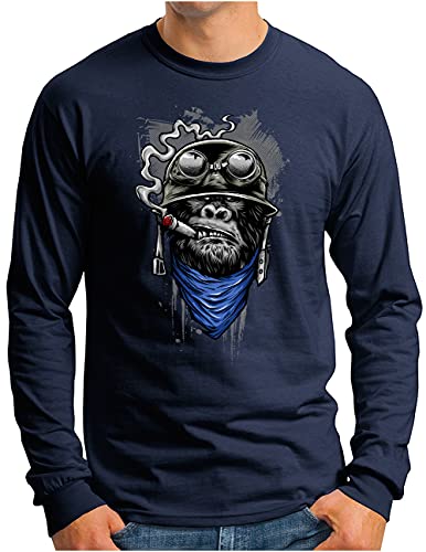 OM3® Gorilla-of-Duty Langarm Shirt | Herren | Smoking Monkey Biker Ape MC Rocker Army (Blau) | Navy, L von OM3