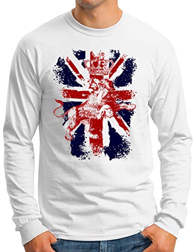 OM3® Great Britain Lion Langarm Shirt | Herren | British Union Jack Vintage Flag | Weiß, XL von OM3