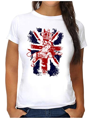 OM3® Great Britain Lion T-Shirt | Damen | British Union Jack Vintage Flag | S, Weiß von OM3