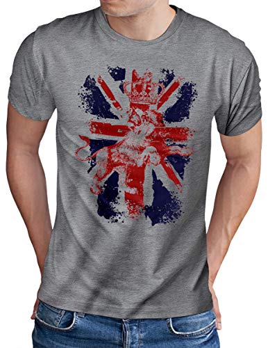 OM3® Great Britain Lion T-Shirt | Herren | British Union Jack Vintage Flag | Grau Meliert, XXL von OM3