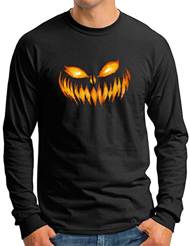 OM3® Halloween Jack-o'-Lantern Langarm Shirt | Herren | Scary Fire Pumpkin Face | Schwarz, XXL von OM3