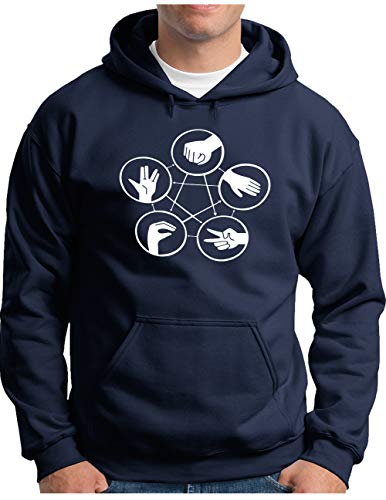 OM3® Hand Signs Big Bang Hoodie | Herren | Rock Paper Scissors Lizard Spock TBBT Nerd | Kapuzen-Pullover Navy, 4XL von OM3