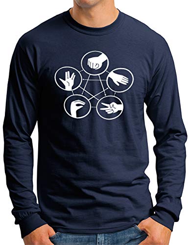 OM3® Hand Signs Big Bang Langarm Shirt | Herren | Rock Paper Scissors Lizard Spock TBBT Nerd | Navy, XL von OM3