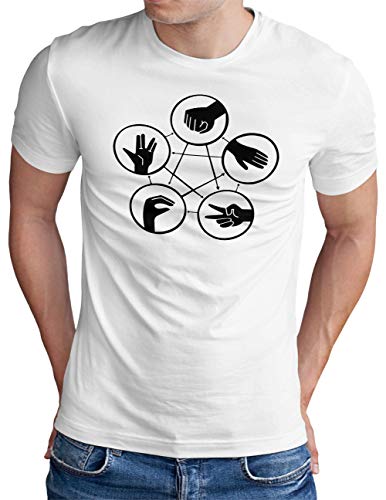 OM3® Hand Signs Big Bang T-Shirt - Herren - Rock Paper Scissors Lizard Spock TBBT Nerd - Weiß, L von OM3