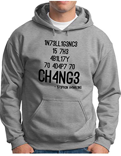OM3® Hawking Quote Hoodie - Herren - Intelligence is The Ability to Adapt to Change - Kapuzen-Pullover Grau Meliert, XL von OM3