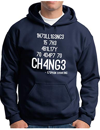 OM3® Hawking Quote Hoodie | Herren | Intelligence is The Ability to Adapt to Change | Kapuzen-Pullover Navy, L von OM3