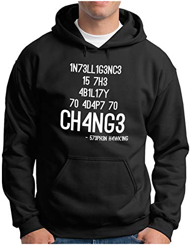 OM3® Hawking Quote Hoodie | Herren | Intelligence is The Ability to Adapt to Change | Kapuzen-Pullover Schwarz, 3XL von OM3