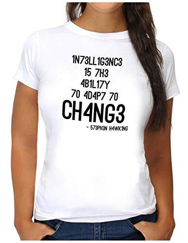 OM3® Hawking Quote T-Shirt - Damen - Intelligence is The Ability to Adapt to Change - S, Weiß von OM3