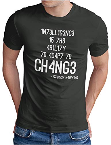 OM3® Hawking Quote T-Shirt - Herren - Intelligence is The Ability to Adapt to Change - Dark Grey, XXL von OM3