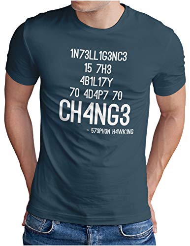 OM3® Hawking Quote T-Shirt - Herren - Intelligence is The Ability to Adapt to Change - Denim, 3XL von OM3
